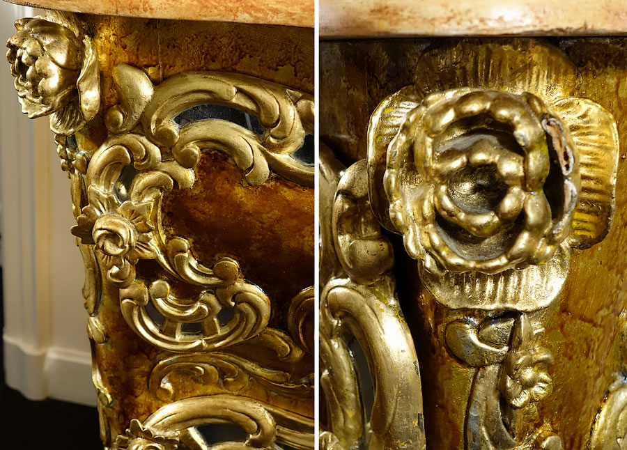 D&eacute;tail de la sculpture de roses d'une commode rococo italienne